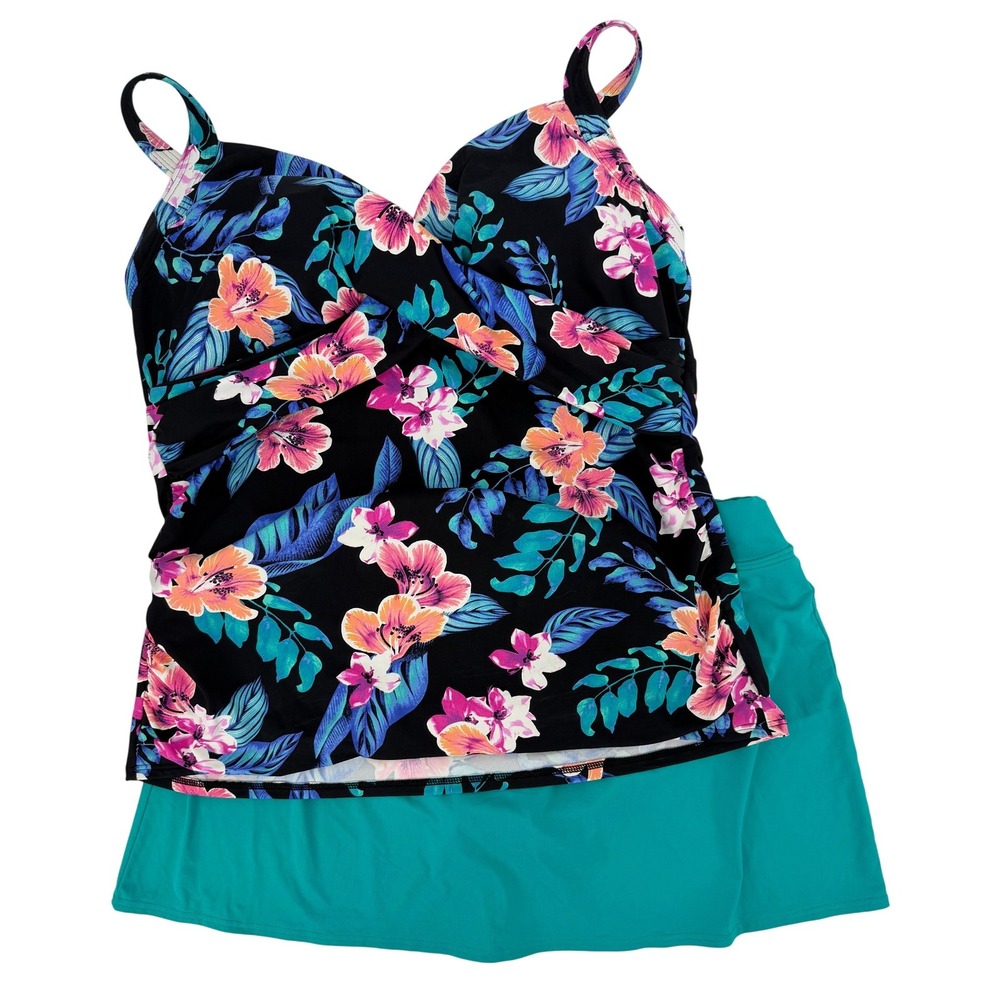 Lands End Womens Floral Tankini Set Black Teal Surplice Top Swim Skirt Size 16